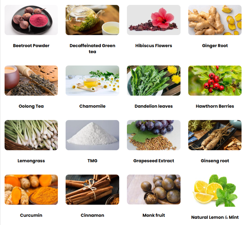 Cardio Slim Tea ingredients formula with beetroot powder, decaffeinated green tea, hibiscus flowers, ginger root, oolong tea, chamomile, dandelion leaves, hawthorn berries, lemongrass, TMG, grapeseed extract, ginseng root, curcumin, cinnamon, monk fruit, and natural lemon mint